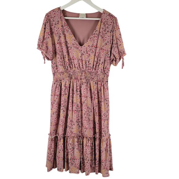 Siren Lily Floral Dress Womens Plus 2x Pink Smoked Waist Flutter Sleeve Fairy - Picture 1 of 13